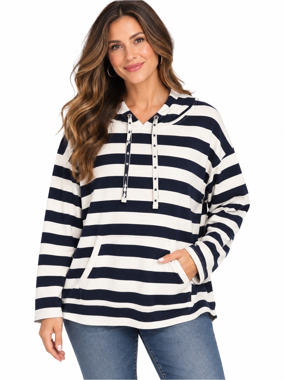 crown & ivy Navy & White Striped Hoodie with Star Drawstrings size xl